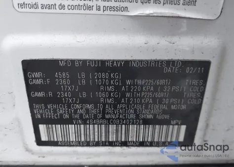 2011 Subaru Outback 2.5I Limited z USA, uszkodzony, nr VIN 4S4BRBLC0B3402128